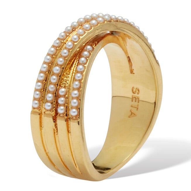 Crossover Pave Pearl 14K Gold-Plated Ring, WHITE, on-hover image number null