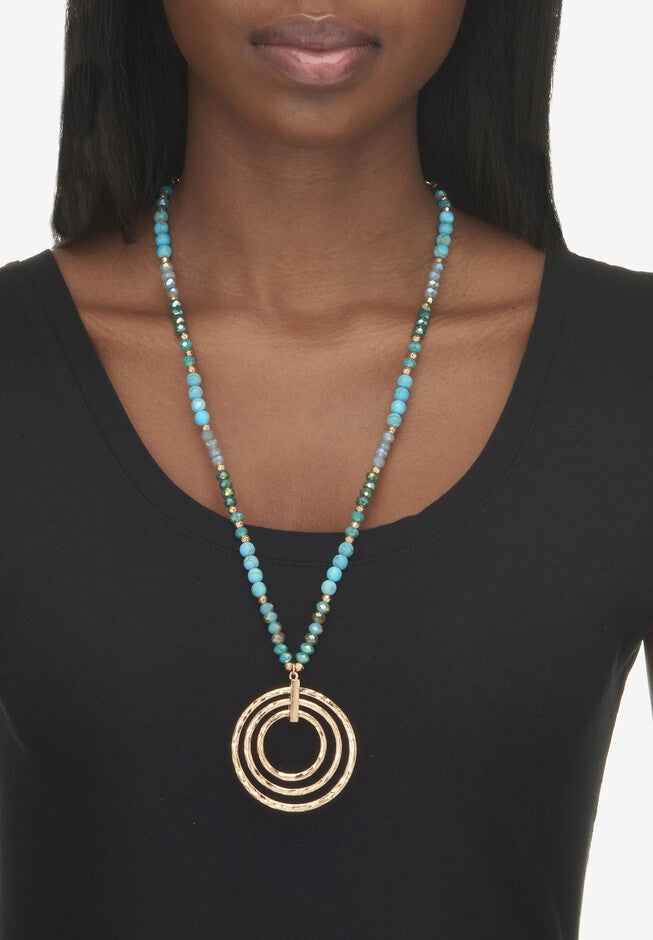 Round Genuine Turquoise Hammered Goldtone Endless Necklace, 30 Inches, , alternate image number null