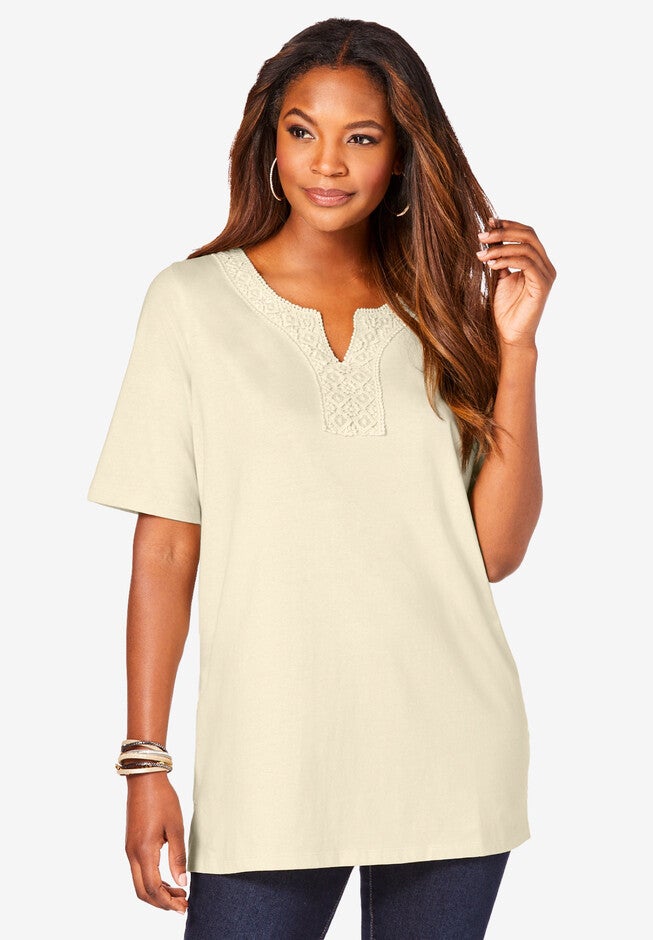 Crochet-Detailed Tee, OATMEAL, hi-res image number null