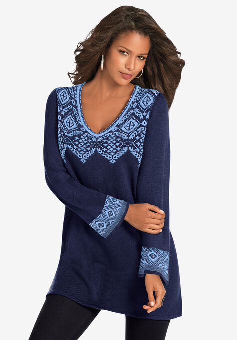 Fit-And-Flare Tunic Sweater, NAVY BLUE FAIR ISLE, hi-res image number null