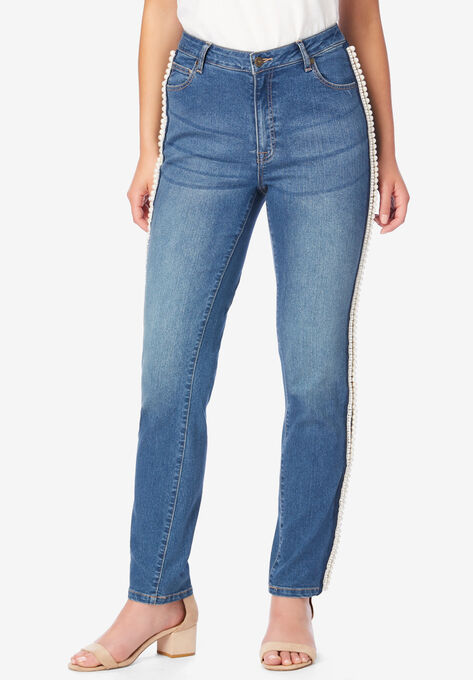 Embellished Straight Leg Jean with Invisible Stretch® By Denim 24/7, MEDIUM SHINE EMBELLISHMENT, hi-res image number null