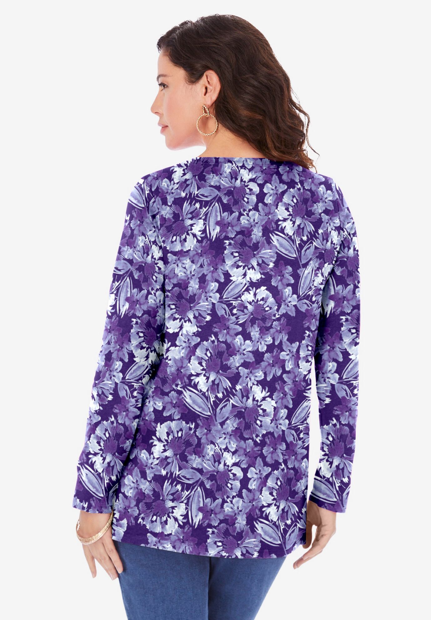 Plus Size Ultimate Cotton Crewneck Long Sleeve Tee, MIDNIGHT VIOLET WATERCOLOR FLOWERS, alternate image number 2