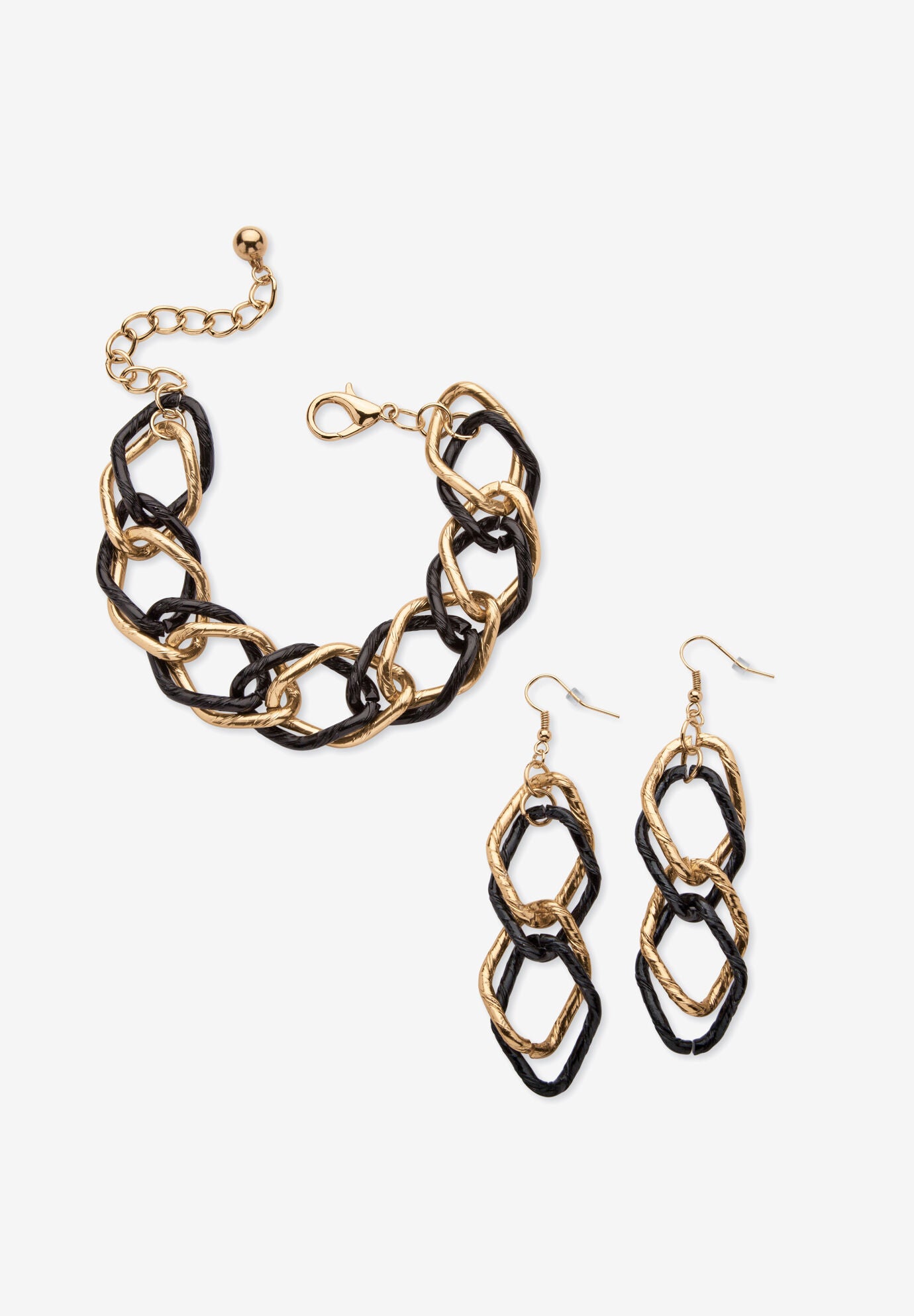 Double Curb-Link Bracelet And Drop Earrings Set In Goldtone And Black Ruthenium, BLACK, hi-res image number 0
