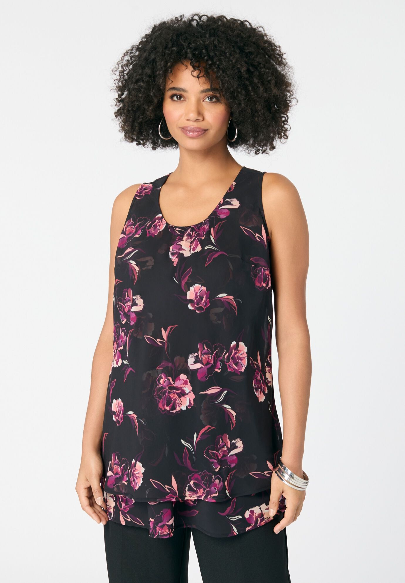 Double-Layer Georgette Tank Top, BLACK OPEN FLORAL, alternate image number 4