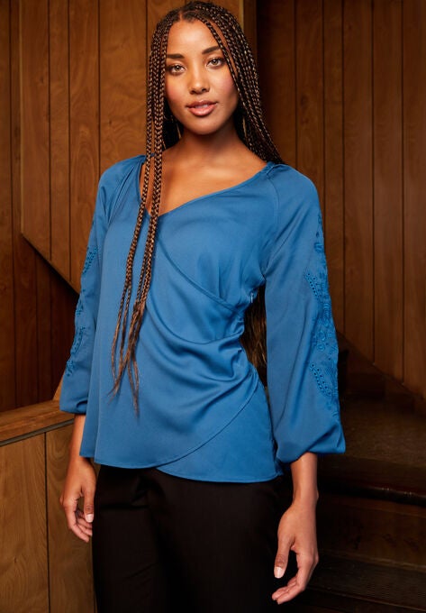Embroidered V-Neck Wrap Blouse, EXOTIC PEACOCK FLORAL EYELET, hi-res image number null