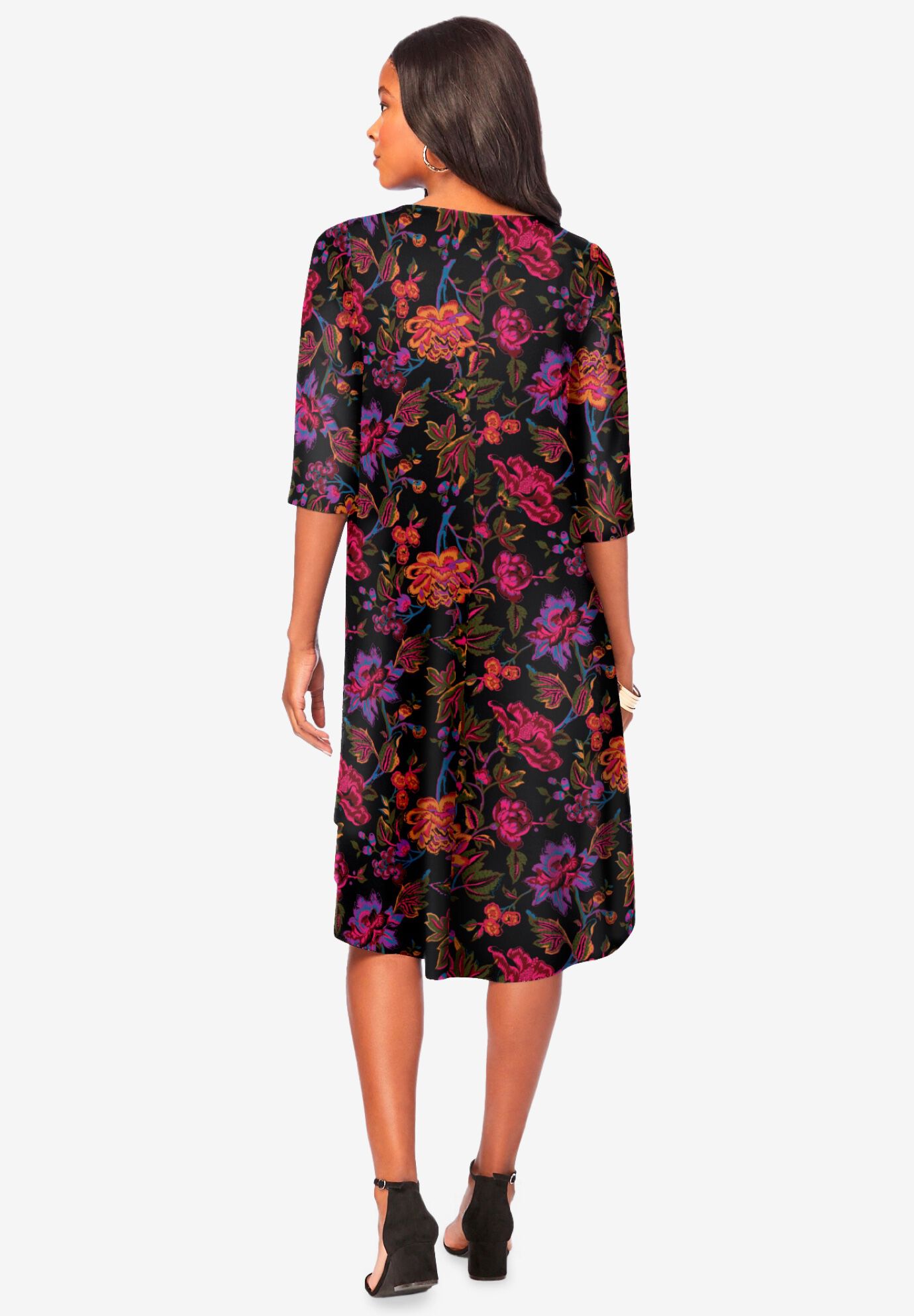 Plus Size 3/4 Sleeve Boatneck Swing Dress, MULTI BLOCK PRINT FLORAL, on-hover image number 1