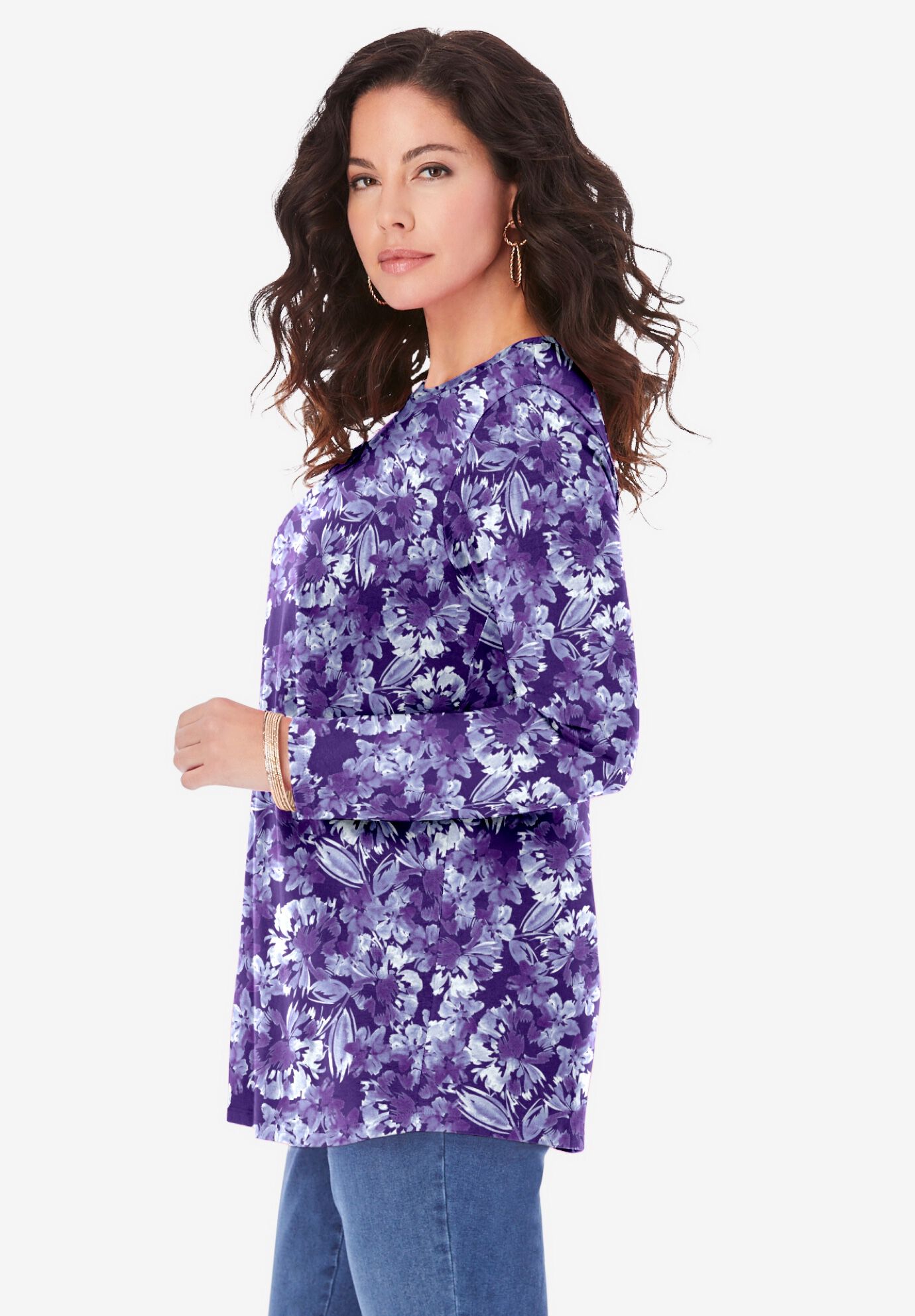 Plus Size Ultimate Cotton Crewneck Long Sleeve Tee, MIDNIGHT VIOLET WATERCOLOR FLOWERS, alternate image number 3