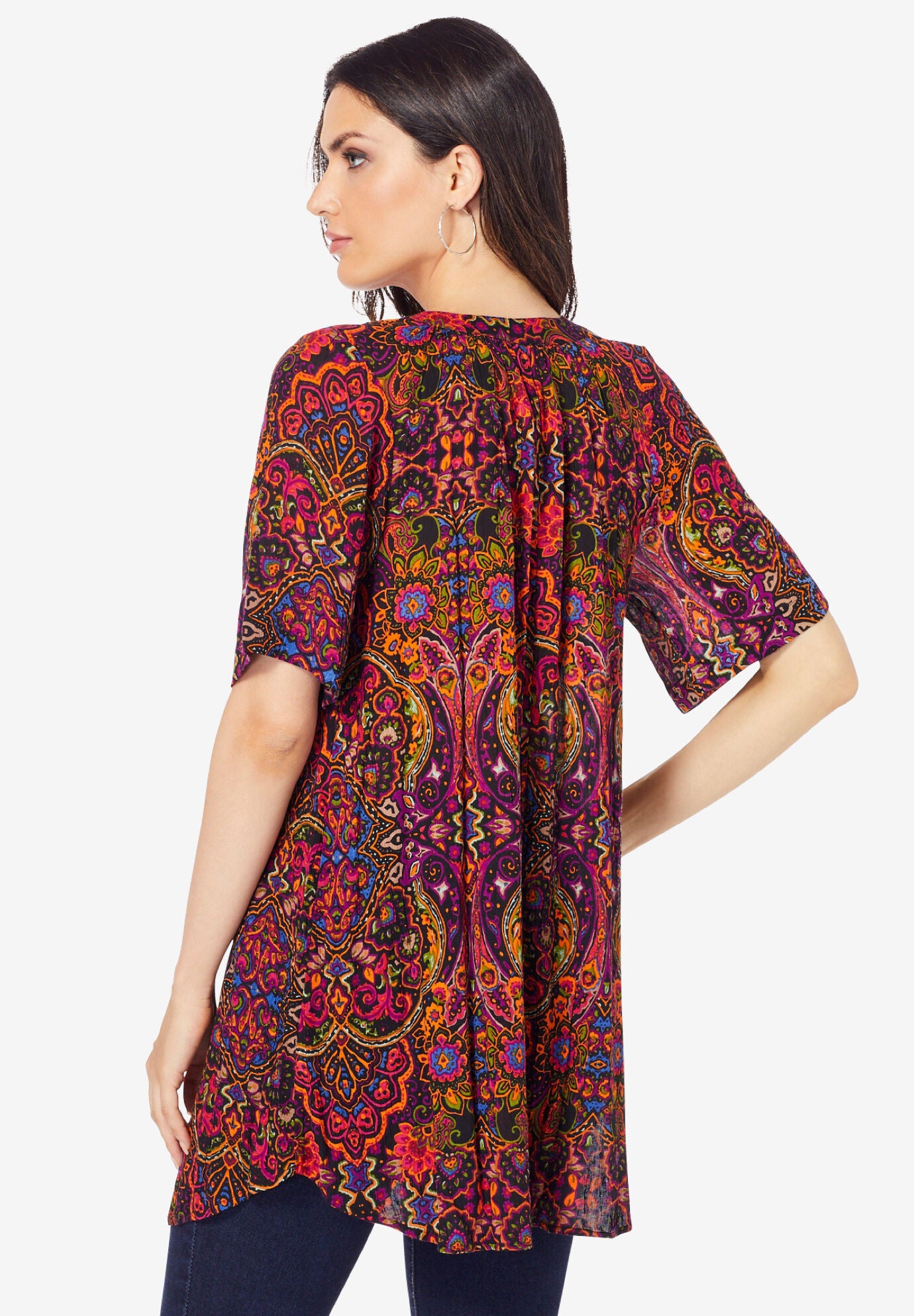 Plus Size Angelina Crinkle Crepe Y-Neck Short Sleeve Tunic, MULTI MIRRORED MEDALLION, alternate image number 3