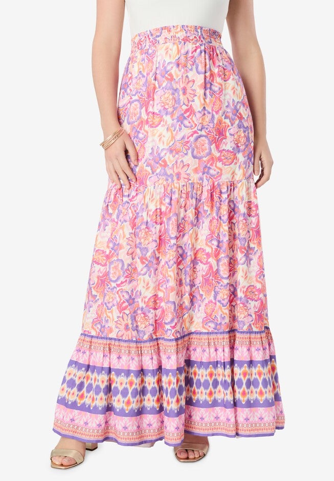 Tiered Maxi Skirt, FLORAL IKAT BORDER, hi-res image number null