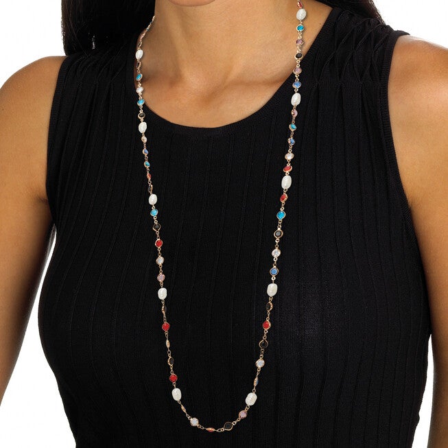 Colorful Crystal and Pearl Yellow Gold Ion-Plated Long Necklace, 40 Inches, RED, alternate image number 2
