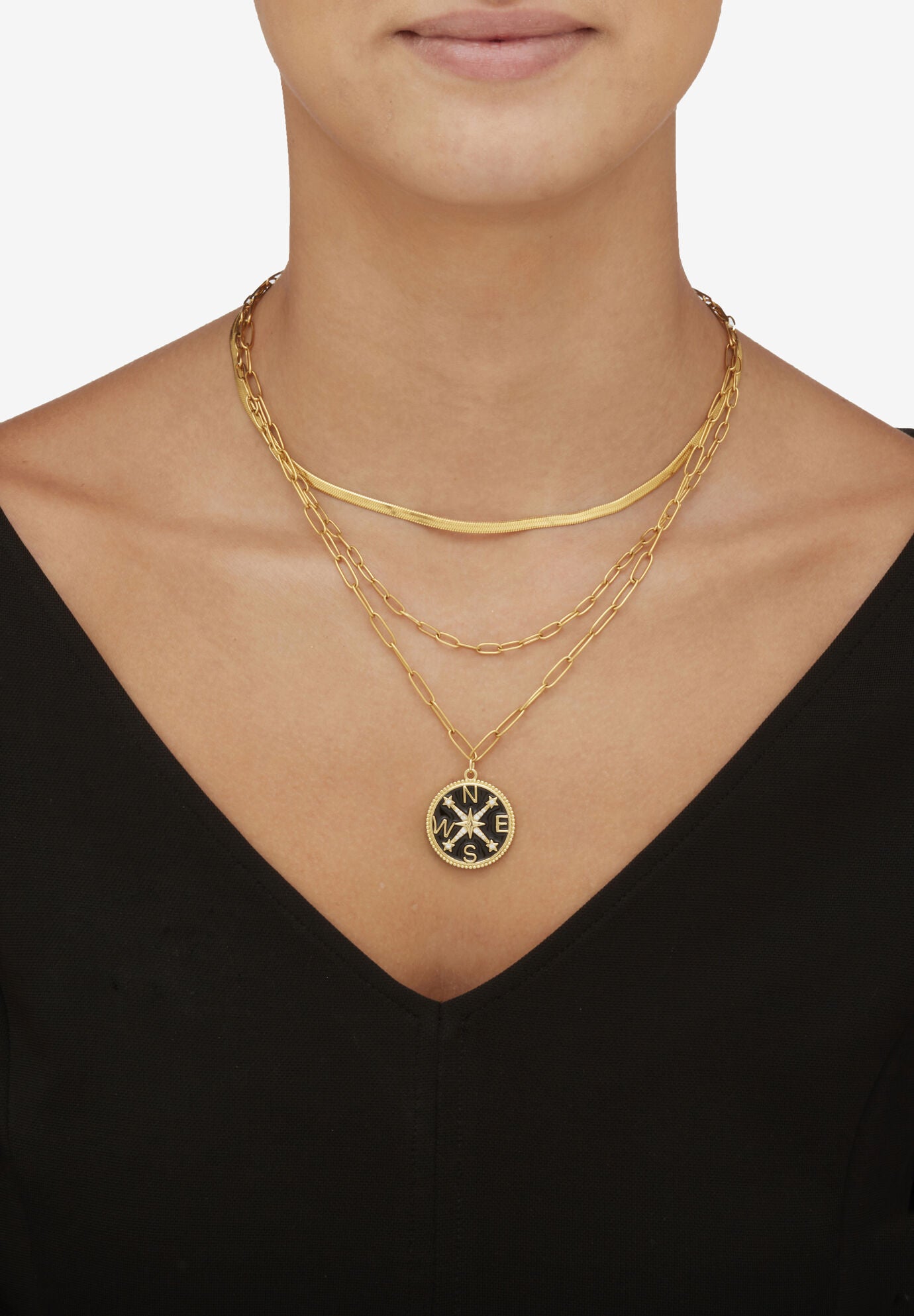 Yellow Gold Ion-Plated Stainless Steel 3-Strand Layered Necklace Set With Compass Pendant, , alternate image number 2