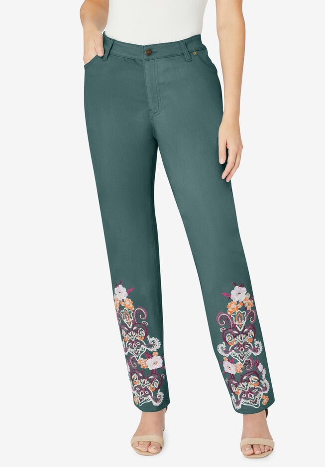 Invisible Stretch® Contour Paisley-Embroidered Straight-Leg Jean., DEEP SAGE PAISLEY EMBROIDERY, hi-res image number 0
