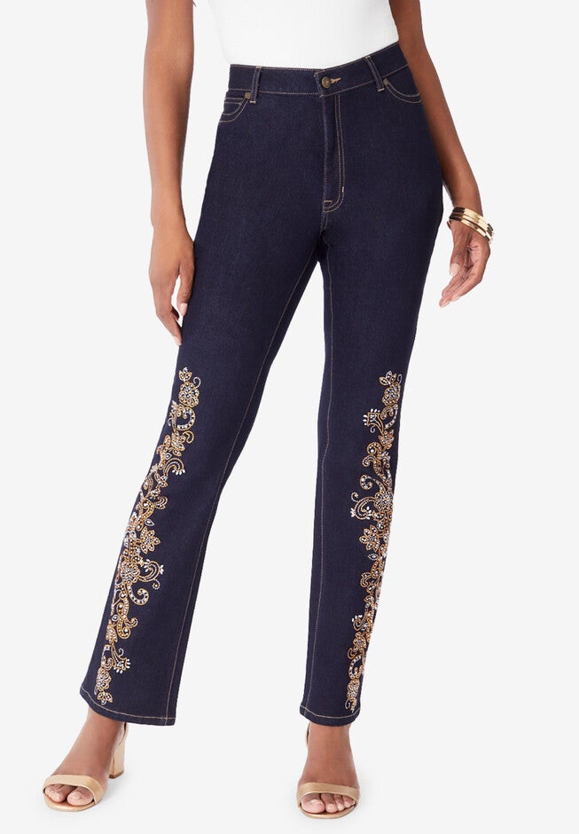 Rhinestone-Detailed Bootcut Jean, INDIGO FLORAL BEADING, hi-res image number null