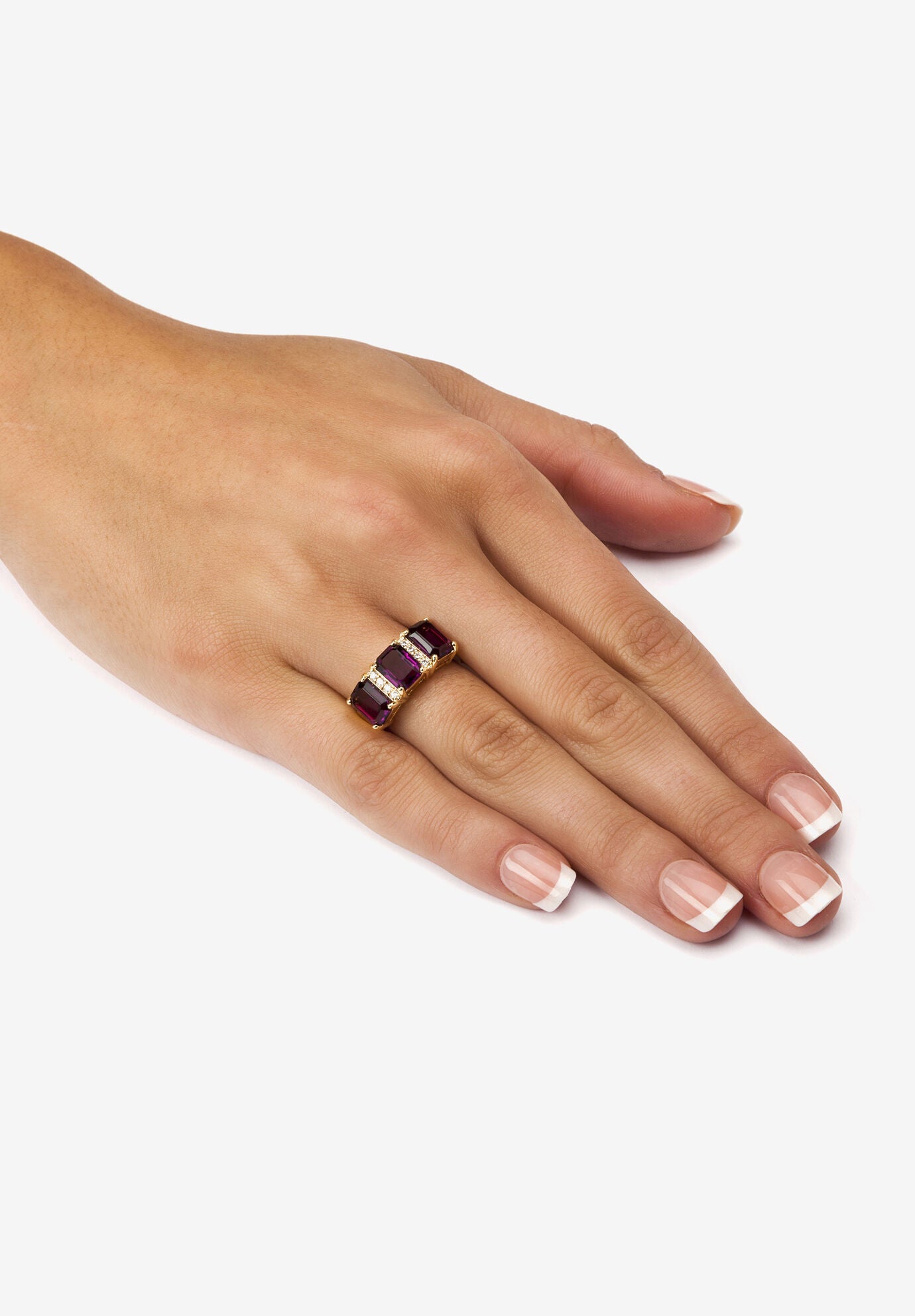 Yellow Gold-Plated Emerald Cut 3 -Stone Simulated Birthstone & CZ Ring, , alternate image number 2