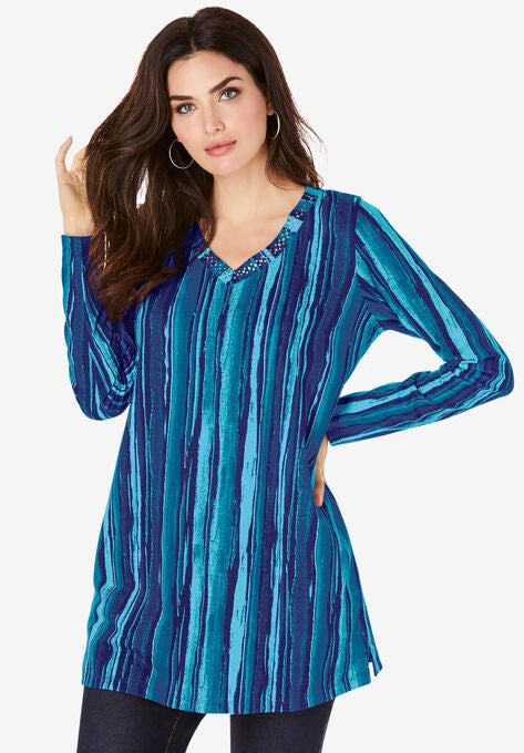 Studded Tie-Dye Long Sleeve Tunic, NAVY WATERCOLOR STRIPE, hi-res image number null