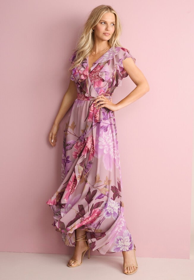 Ruffle Faux Wrap Maxi Dress, MAUVE MULTI, alternate image number null
