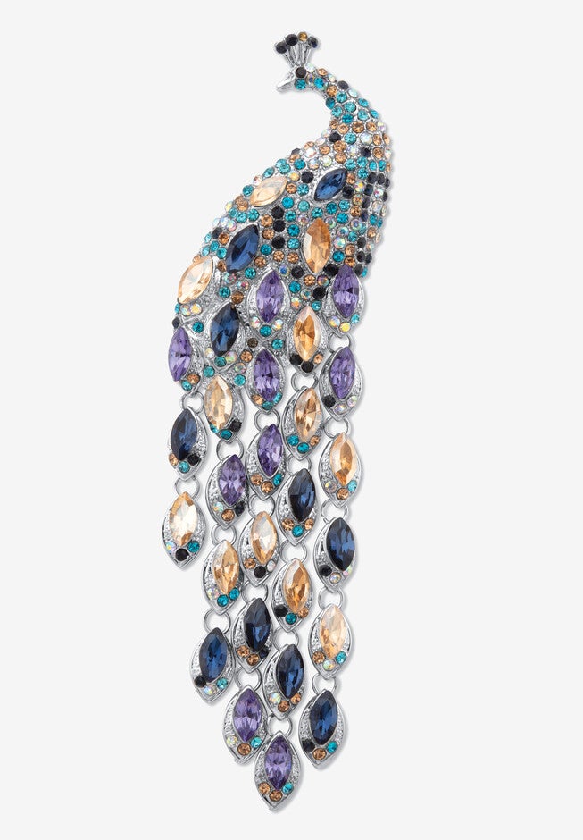 Marquise Cut Multi-Colored Crystal Peacock Pin Silvertone 5 1/2 inches Length, YELLOW, hi-res image number 0