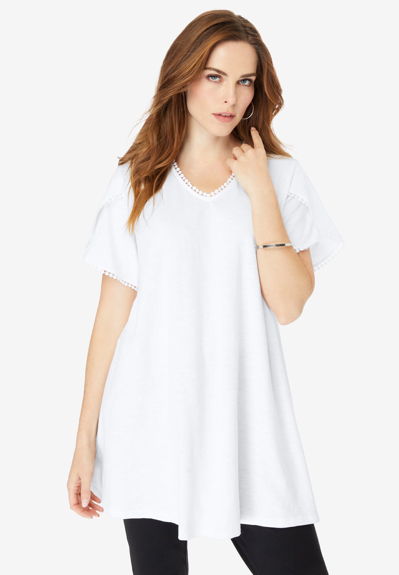 Picot-Trimmed Slub Tunic, WHITE, hi-res image number 0