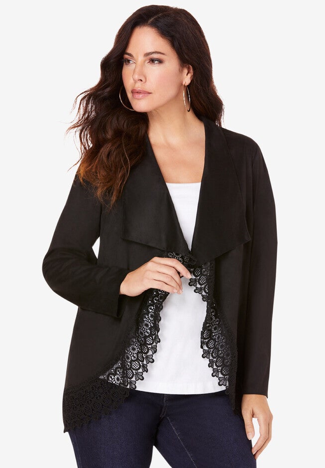 Crochet-Trimmed Faux-Suede Jacket, BLACK, hi-res image number 0