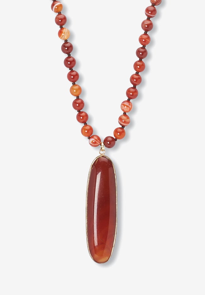 Genuine Brown Agate Beaded Goldtone Drop Necklace, 34-Inch Length, BROWN, hi-res image number null