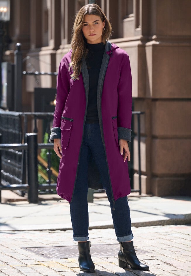 Plus Size Knee Length Hooded Nylon Jacket, DARK BERRY, on-hover image number 1