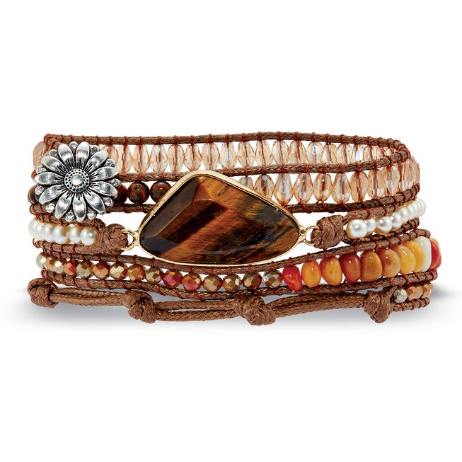 Genuine Brown Tiger's Eye Goldtone Wrap Bracelet 36-inch adjustable, BROWN, hi-res image number null