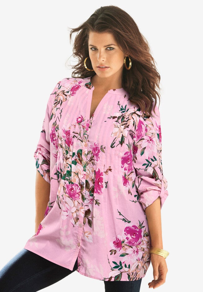 Plus Size Floral Y-Neck Pintuck Tunic – Adjustable Long Sleeve Button-Front, Relaxed Shirt Style, PINK ROMANTIC ROSE, alternate image number 3