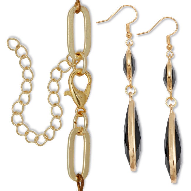 Black Crystal Goldtone Vintage-Inspired Necklace and Earring Set, BLACK, on-hover image number 1