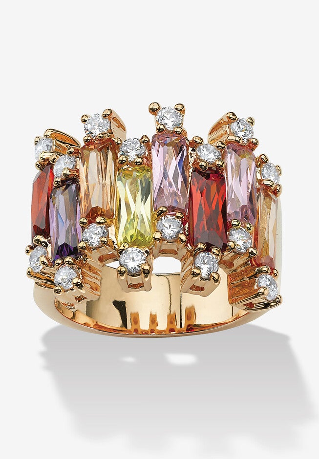 7.44 Tcw Emerald-Cut Multicolor Cubic Zirconia Yellow Gold-Plated Ring, PINK, hi-res image number null