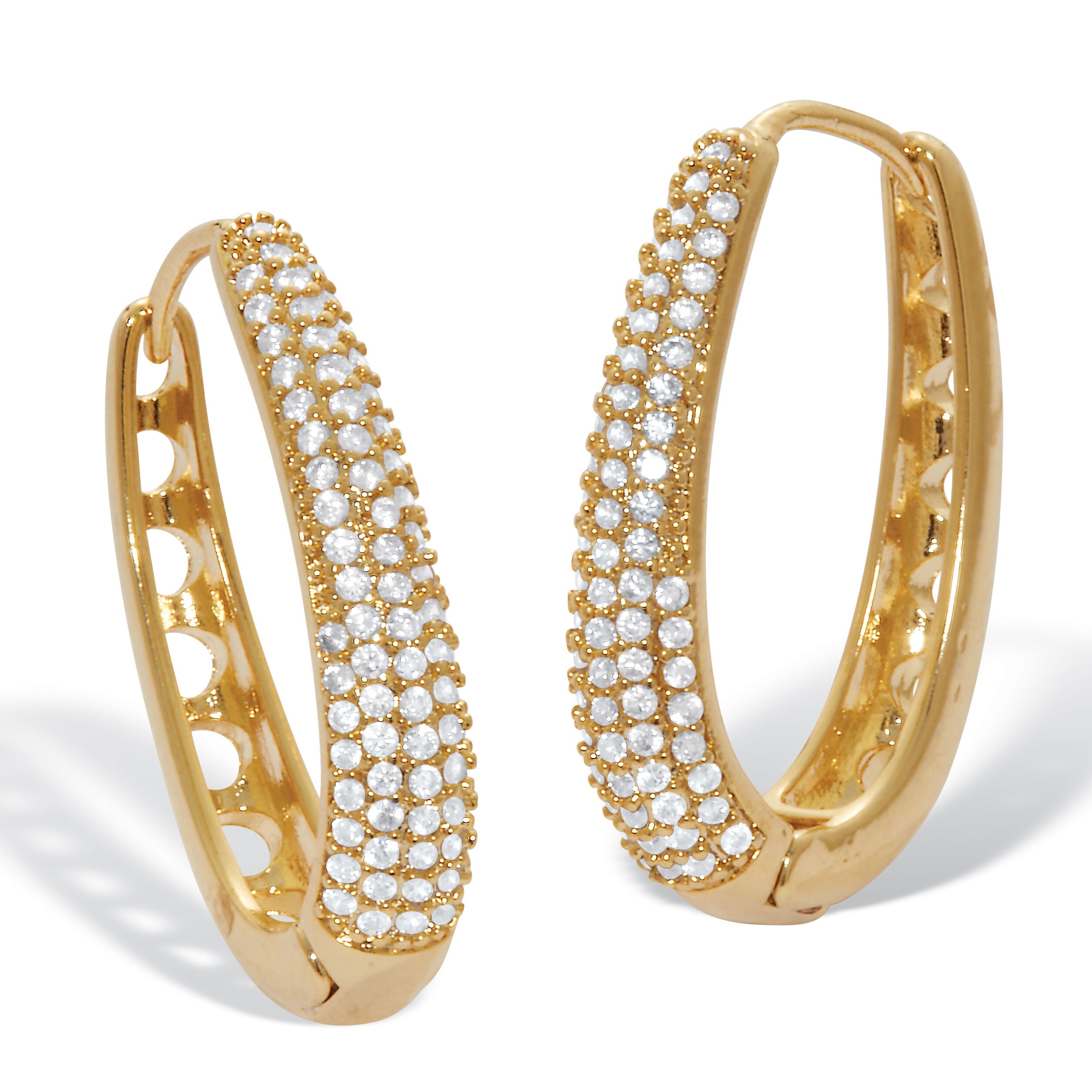 Crystal Four-Row Oval Pave-Style Goldtone Hoop Earrings, WHITE, hi-res image number 0