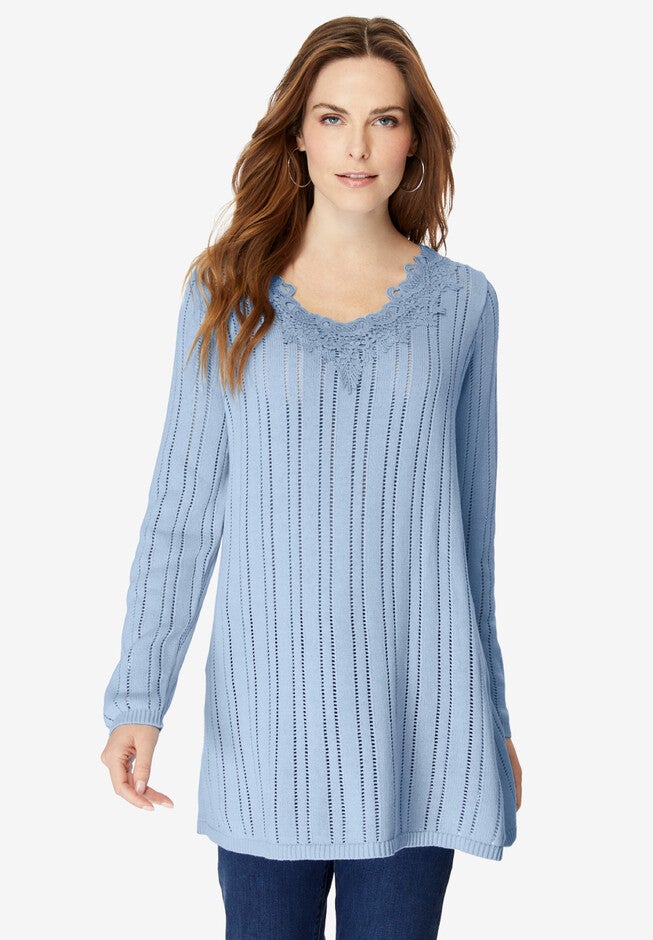 Lace Trim Pointelle Sweater, PALE BLUE, hi-res image number 0