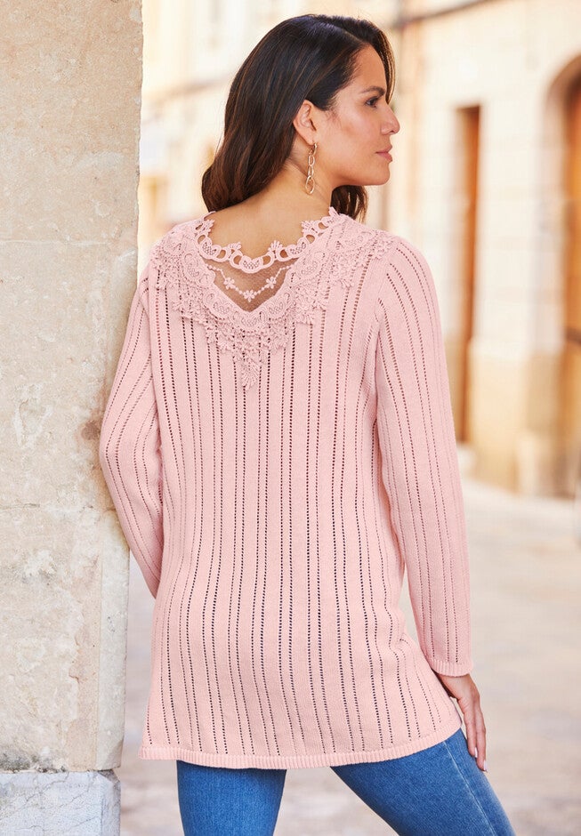 Lace Trim Pointelle Sweater, , alternate image number 4