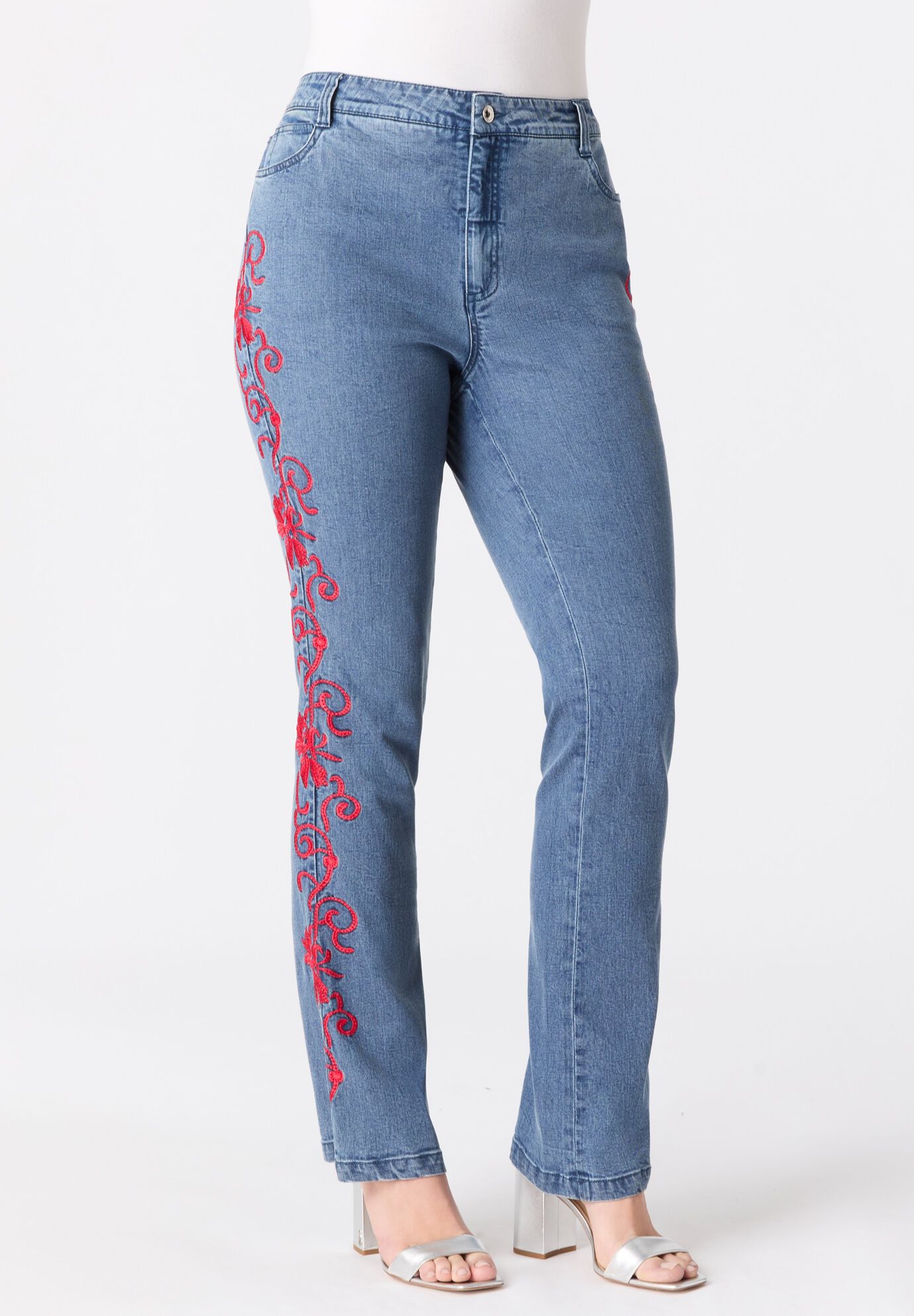 Plus Size Whitney Jean with Invisible Stretch&reg;, VIVID RED SWIRL EMBROIDERY, on-hover image number 1