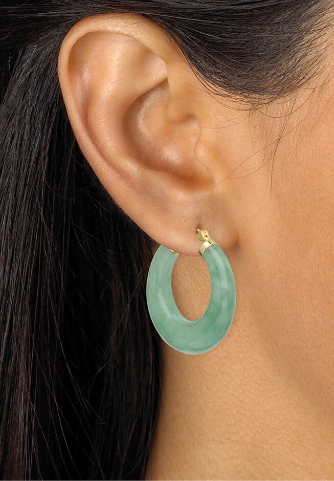 Goldtone Over Sterling Silver Genuine Green Jade Hoop Earrings (31Mm) Jewelry, , alternate image number 2
