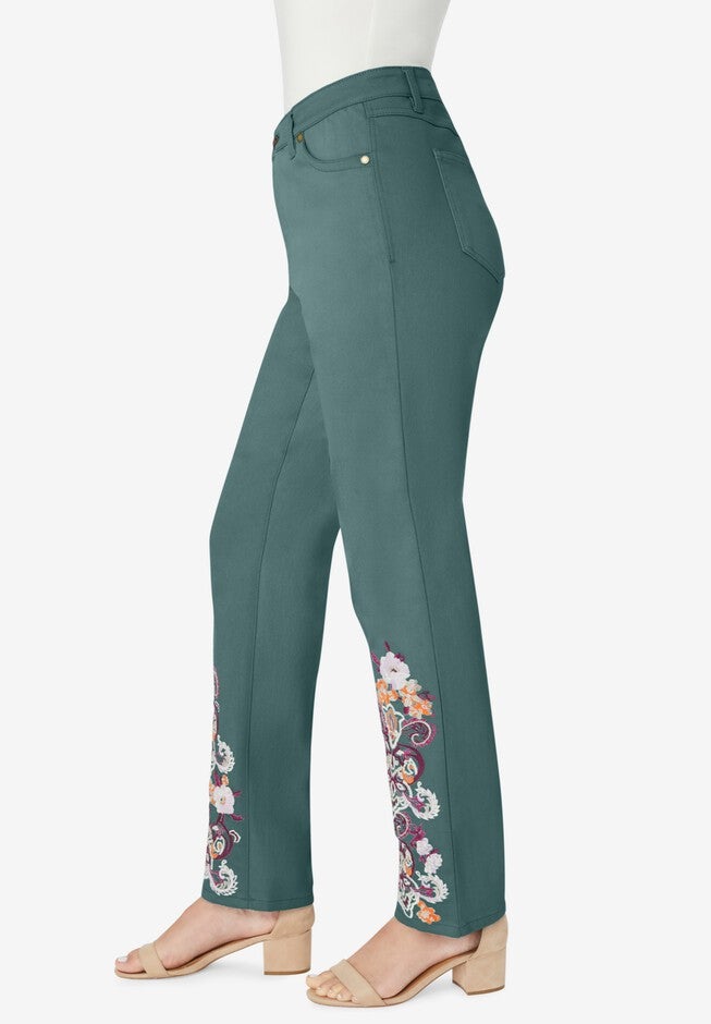 Invisible Stretch® Contour Paisley-Embroidered Straight-Leg Jean., , alternate image number 2