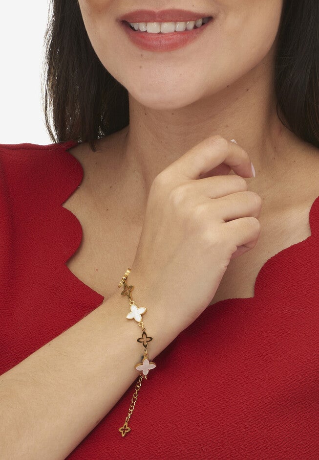 Genuine Mother Of Pearl Gold Ion-Plated Stainless Steel Clover Jewelry Set, , alternate image number 3