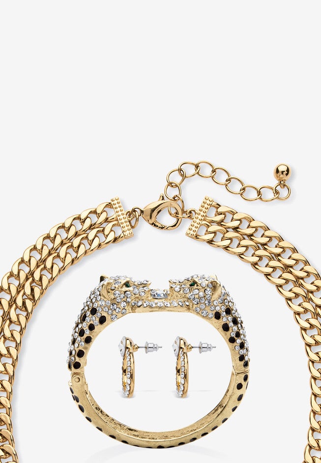 Gold Tone Leopard Collar Necklace, Earring and Bracelet Set, , on-hover image number 1