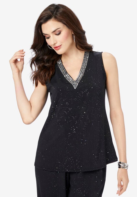 Embellished V-Neck Ultrasmooth® Fabric Top, BLACK SPARKLE, hi-res image number null