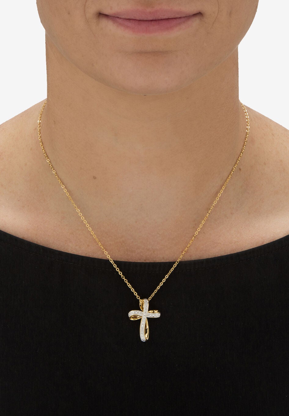 White Diamond Accent Two-Tone 18K Gold-Plated Cross Pendant Necklace 18 inches, , alternate image number 2