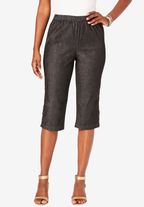 Pull-On Button-Detail Stretch Capri Jean, BLACK DENIM, hi-res image number null