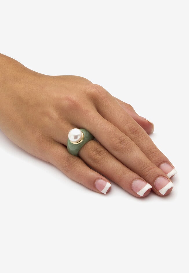 10K Gold Genuine Cultured Freshwater Pearl And Green Jade Ring Jewelry, , alternate image number null