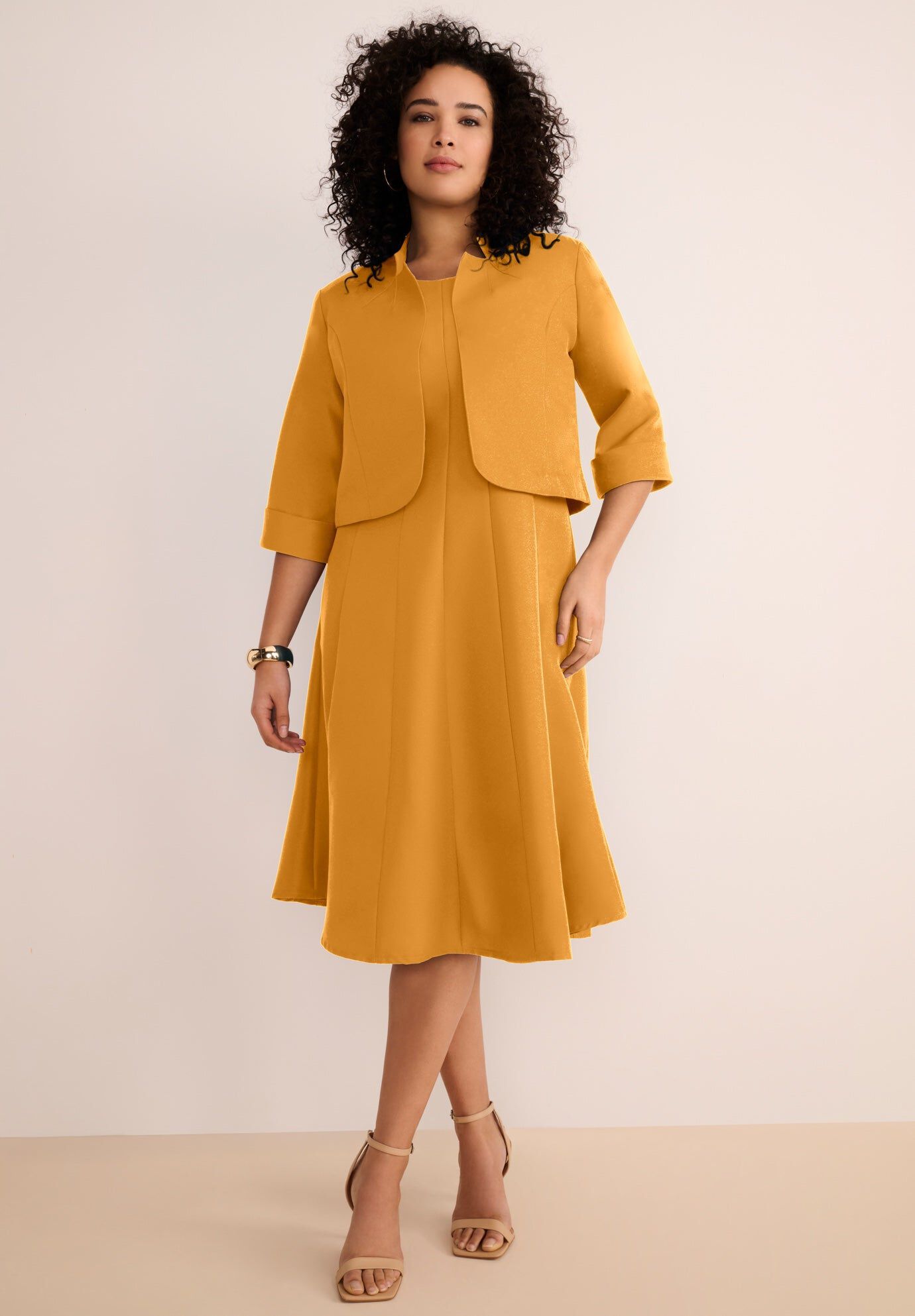 Plus Size Elbow Sleeve Fit-and-Flare Dress with Bolero Jacket &ndash; 2-Piece Suit, RICH GOLD, hi-res image number 0