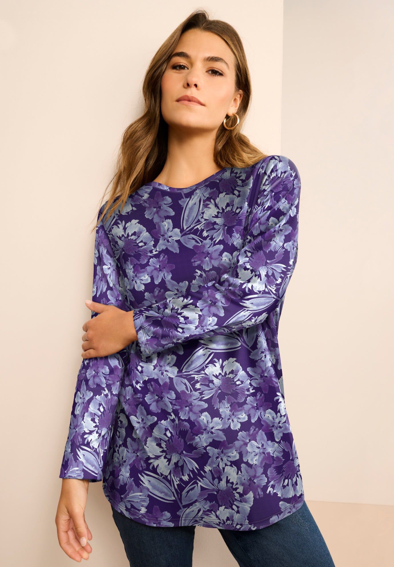 Plus Size Ultimate Cotton Crewneck Long Sleeve Tee, MIDNIGHT VIOLET WATERCOLOR FLOWERS, hi-res image number 0