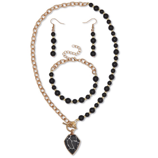 Genuine Black Howlite and Onyx Goldtone Beaded Necklace Set 18-inch, BLACK, hi-res image number null