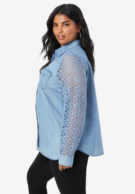 Lace-Sleeve Denim Big Shirt, , alternate image number null
