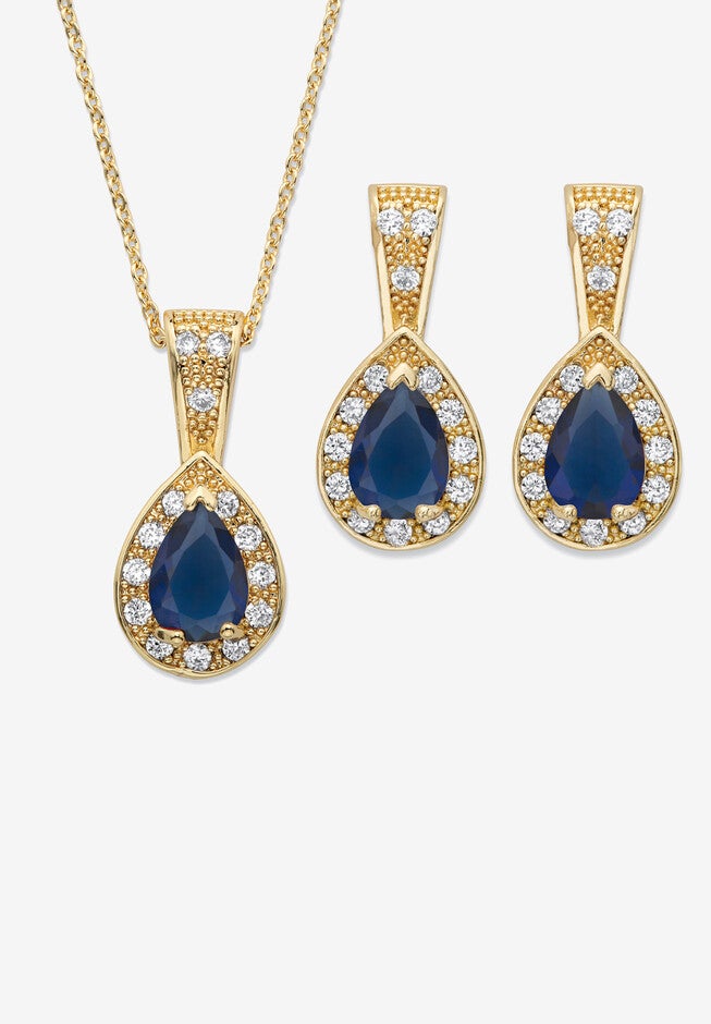 8.63 Tcw Simulated Blue Sapphire And Cz Goldtone Earrings And Necklace Set 15 inches, SAPPHIRE, hi-res image number 0