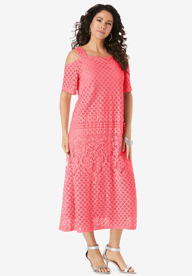 Cold-Shoulder Lace Dress, SALMON ROSE, hi-res image number 0