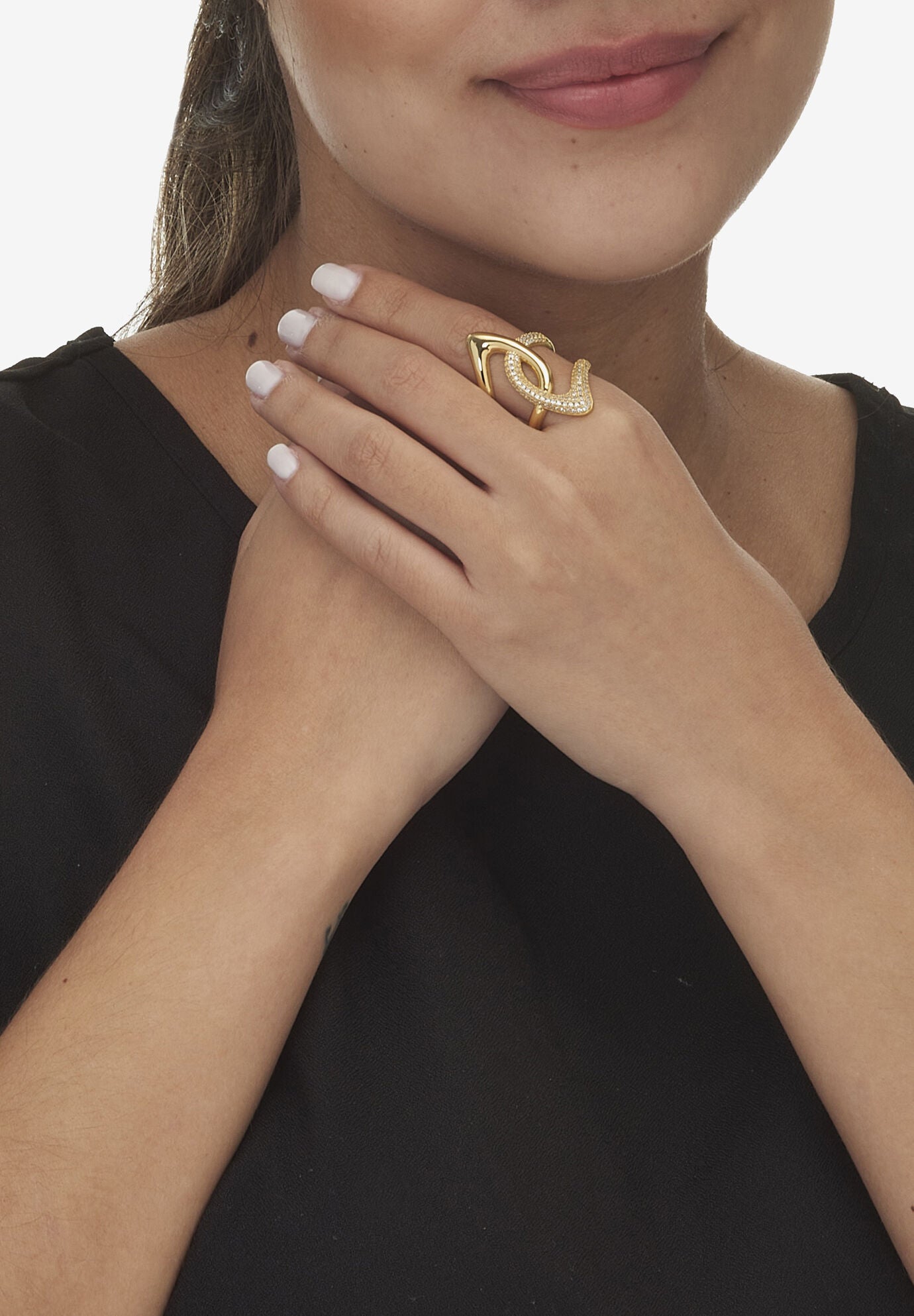 0.75 Tcw Round Cut Cubic Zirconia Gold-Plated Sterling Silver Sculptural Ring, , alternate image number 2