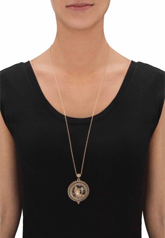 Goldtone Antiqued Praying Hands Locket Magnifier Pendant Necklace 30 inches, , alternate image number null