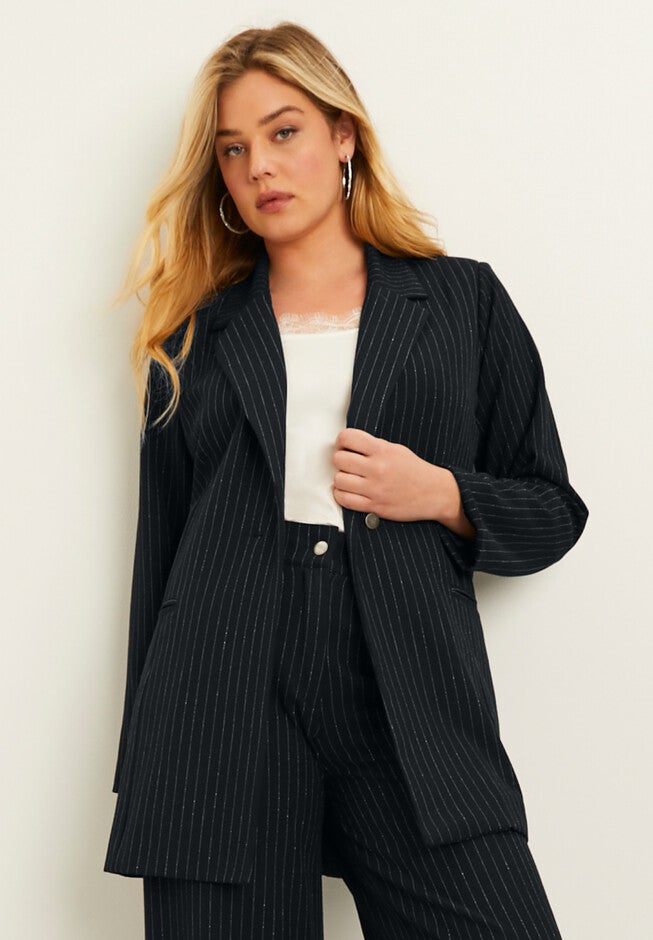 Metallic Pinstripe Double-Breasted Blazer, , alternate image number 3